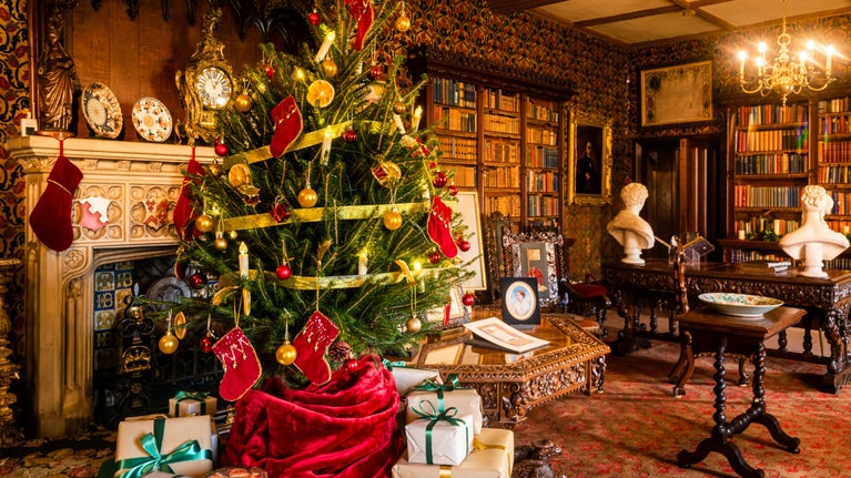 Christmas decoration in the Library in the Hall at Oxburgh Estate, Norfolk